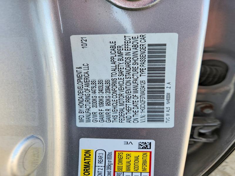 55223046 :رقم المزاد ، 1HGCV2F37MA034126 vin ، 2021 Honda Accord مزاد بيع