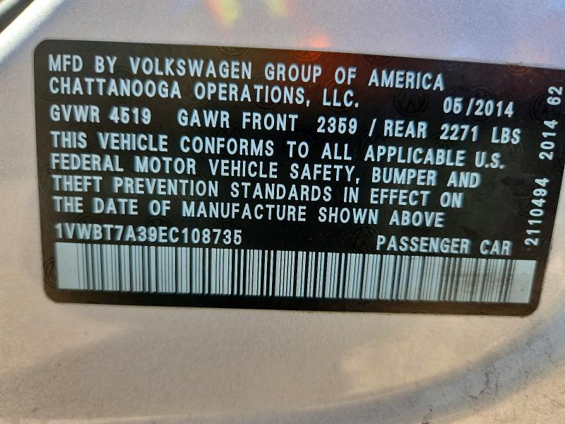 Продаж на аукціоні авто 2014 Volkswagen Passat, vin: 1VWBT7A39EC108735, номер лоту: 54501016