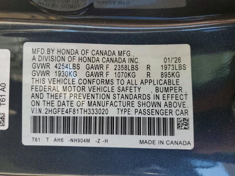 Продажа на аукционе авто 2026 Honda Civic, vin: 2HGFE4F81TH333020, номер лота: 57144286