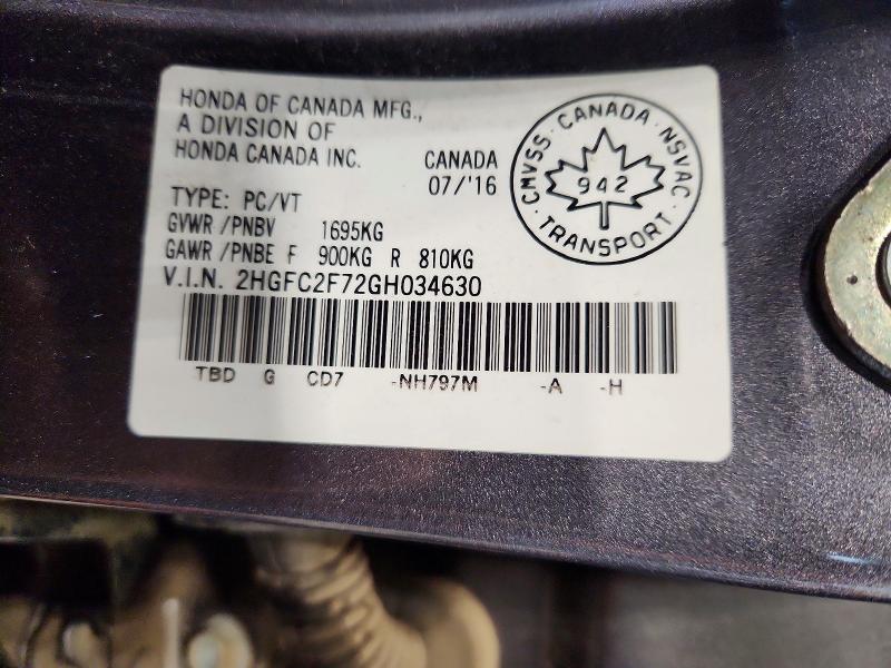 55580286 :رقم المزاد ، 2HGFC2F72GH034630 vin ، 2016 Honda Civic مزاد بيع