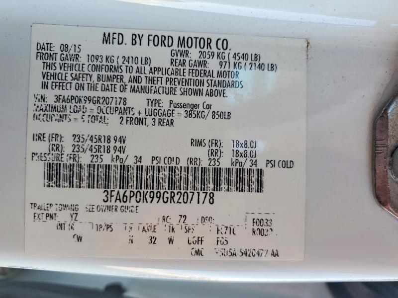 2016 Ford Fusion მანქანა იყიდება აუქციონზე, vin: 3FA6P0K99GR207178, აუქციონის ნომერი: 57397396