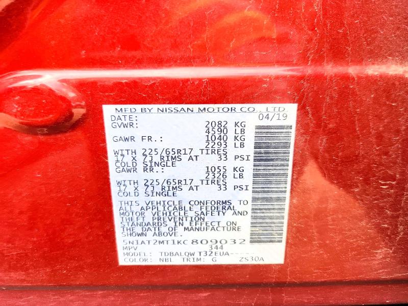 56661036 :رقم المزاد ، 5N1AT2MT1KC809032 vin ، 2019 Nissan Rogue مزاد بيع