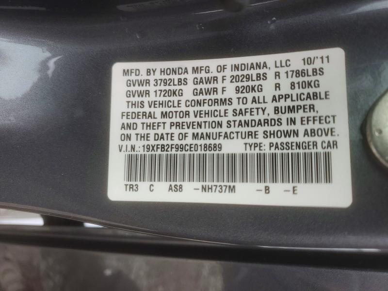 58461846 :رقم المزاد ، 19XFB2F99CE018689 vin ، 2012 Honda Civic مزاد بيع