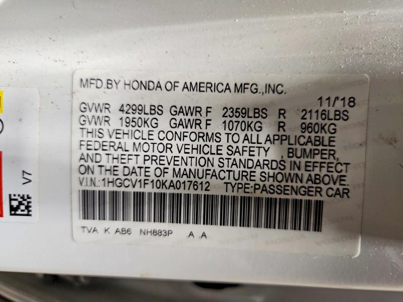 Aukcja sprzedaży 2019 Honda Accord, vin: 1HGCV1F10KA017612, numer aukcji: 57970246
