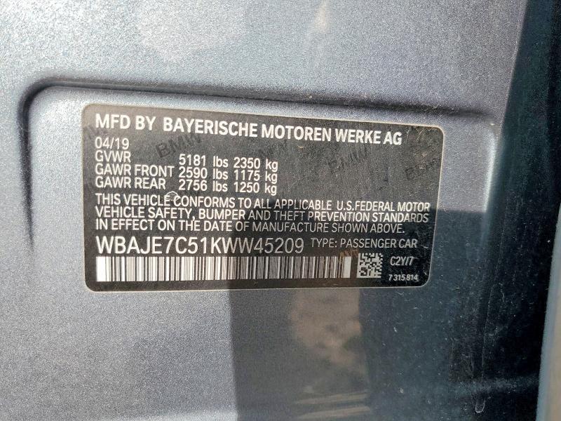 2019 Bmw 540 მანქანა იყიდება აუქციონზე, vin: WBAJE7C51KWW45209, აუქციონის ნომერი: 55162006