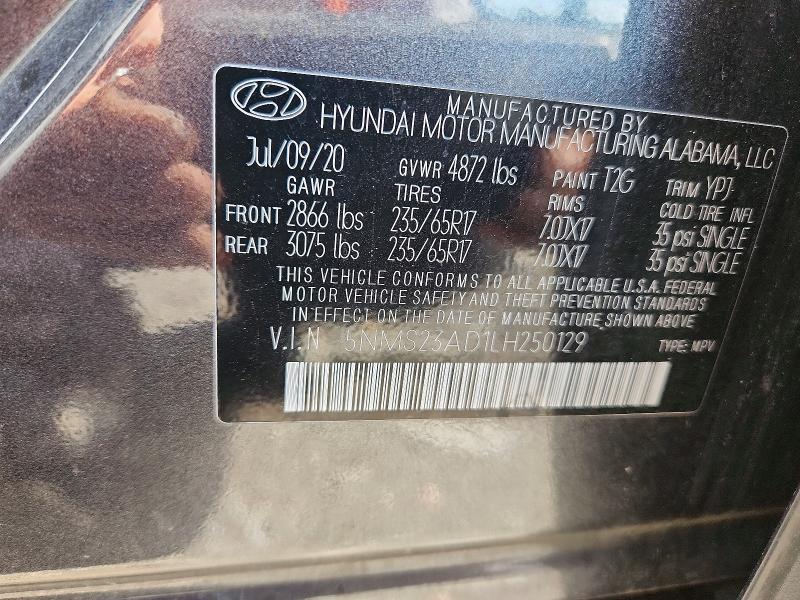 Aukcja sprzedaży 2020 Hyundai Santa Fe, vin: 5NMS23AD1LH250129, numer aukcji: 58373906