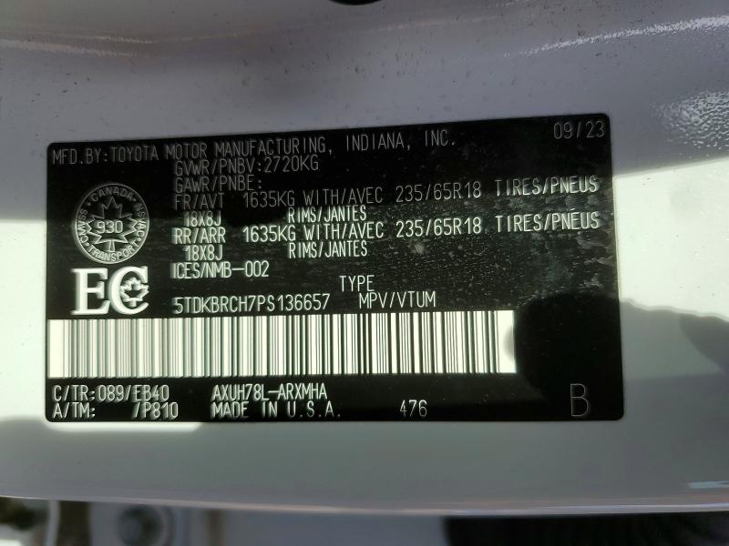 2023 Toyota Highlander Hybrid მანქანა იყიდება აუქციონზე, vin: 5TDKBRCH7PS136657, აუქციონის ნომერი: 55647726