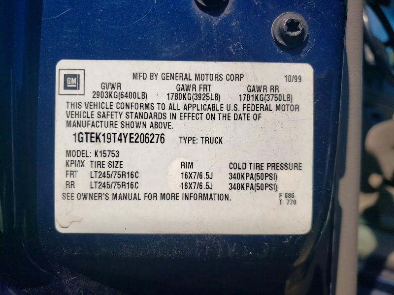 Aukcja sprzedaży 2000 Gmc New Sierra, vin: 1GTEK19T4YE206276, numer aukcji: 55614176