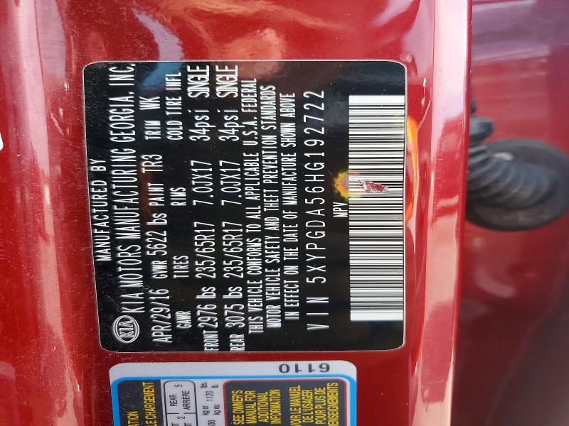 56304246 :رقم المزاد ، 5XYPGDA56HG192722 vin ، 2017 Kia Sorento مزاد بيع