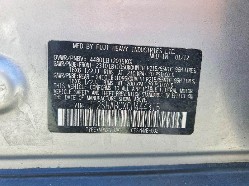 57871376 :رقم المزاد ، JF2SHABCXCH444315 vin ، 2012 Subaru Forester مزاد بيع