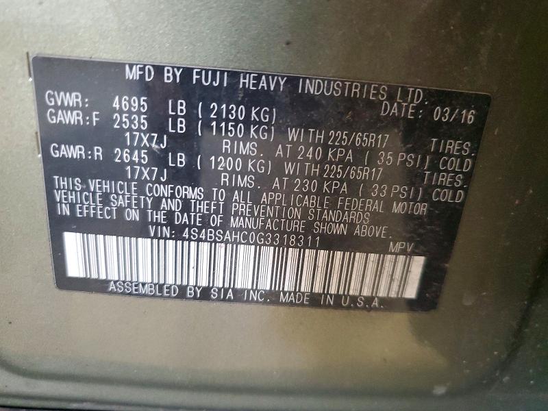 57858056 :رقم المزاد ، 4S4BSAHC0G3318311 vin ، 2016 Subaru Outback مزاد بيع