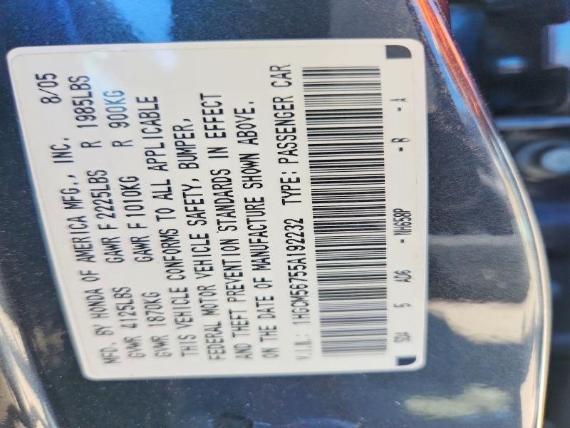 54642756 :رقم المزاد ، 1HGCM56755A192232 vin ، 2005 Honda Accord مزاد بيع