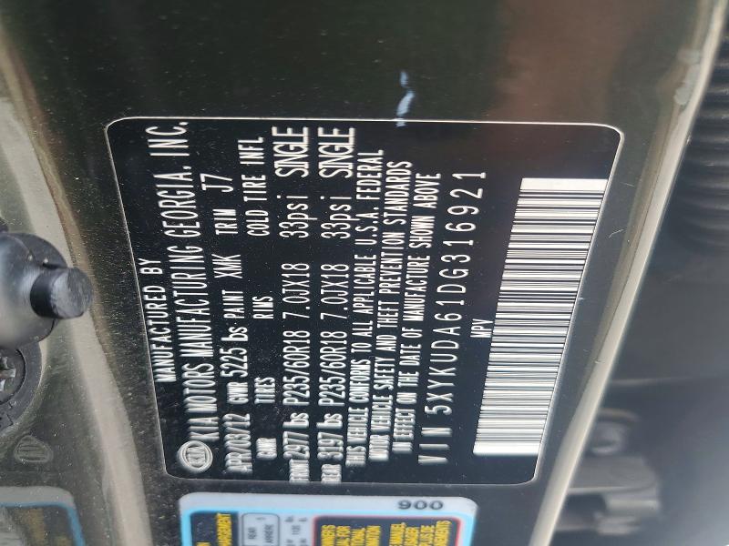 2013 Kia Sorento მანქანა იყიდება აუქციონზე, vin: 5XYKUDA61DG316921, აუქციონის ნომერი: 52530486