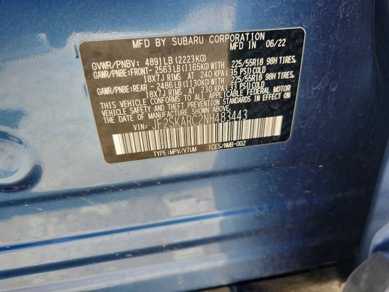 2022 Subaru Forester მანქანა იყიდება აუქციონზე, vin: JF2SKARC2NH483443, აუქციონის ნომერი: 55364906