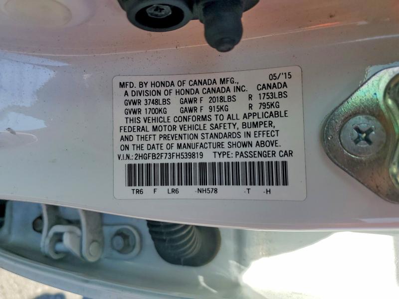 Продаж на аукціоні авто 2015 Honda Civic, vin: 2HGFB2F73FH539819, номер лоту: 58239746