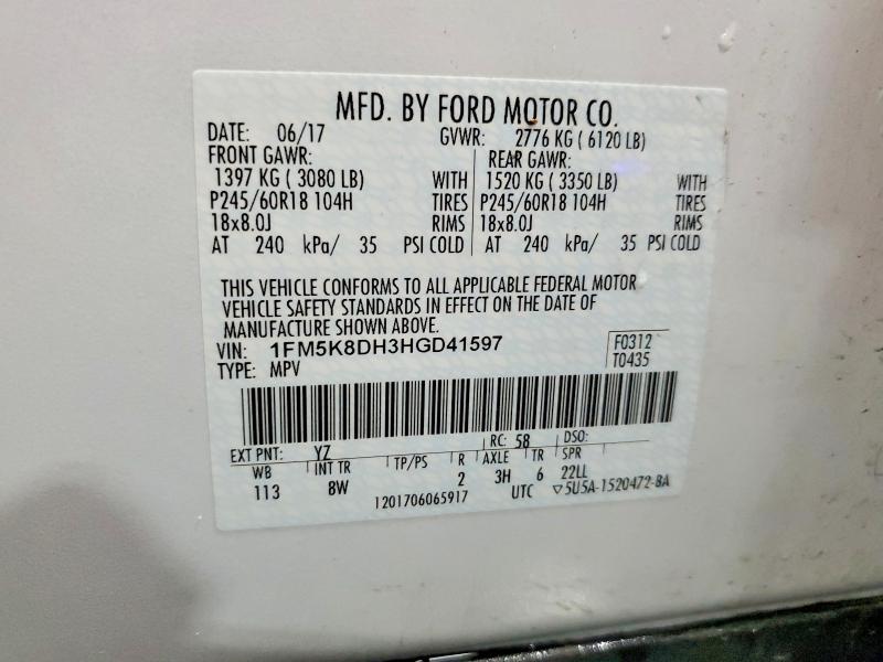 Продаж на аукціоні авто 2017 Ford Explorer, vin: 1FM5K8DH3HGD41597, номер лоту: 58277186