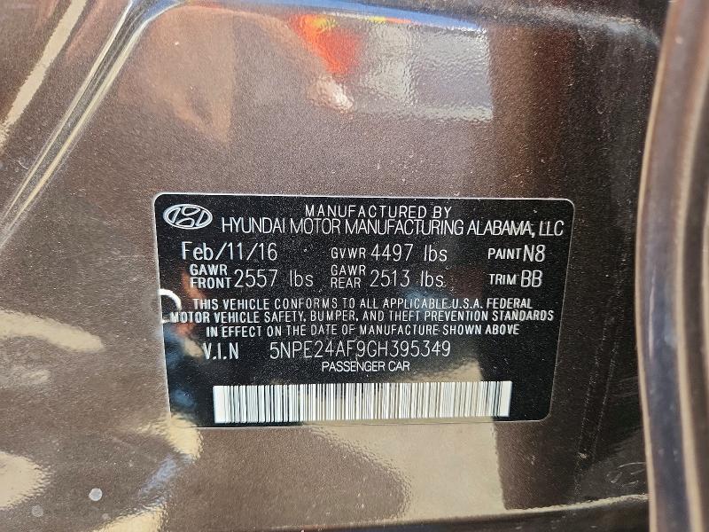 2016 Hyundai Sonata მანქანა იყიდება აუქციონზე, vin: 5NPE24AF9GH395349, აუქციონის ნომერი: 59543206