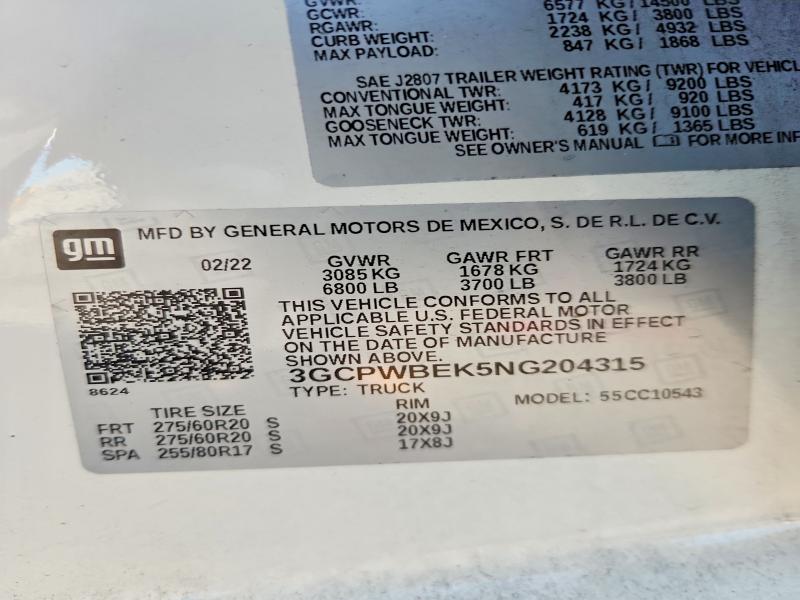 56782516 :رقم المزاد ، 3GCPWBEK5NG204315 vin ، 2022 Chevrolet Silverado Ltd مزاد بيع