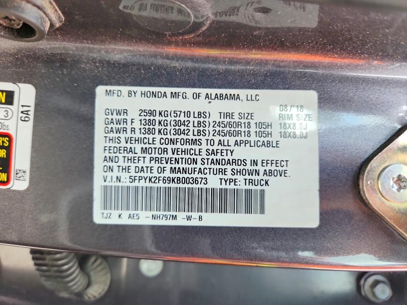 57650786 :رقم المزاد ، 5FPYK2F69KB003673 vin ، 2019 Honda Ridgeline مزاد بيع