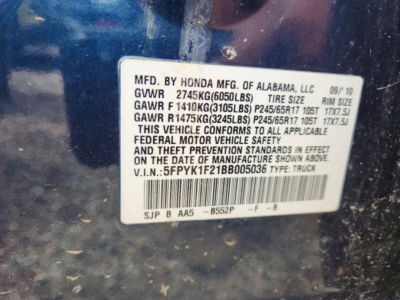 57167046 :رقم المزاد ، 5FPYK1F21BB005036 vin ، 2011 Honda Ridgeline مزاد بيع