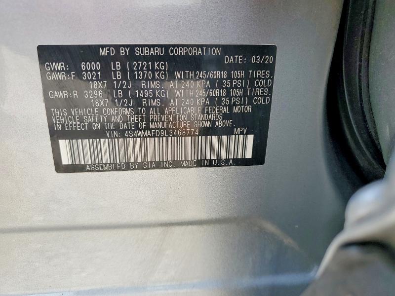 2020 Subaru Ascent მანქანა იყიდება აუქციონზე, vin: 4S4WMAFD9L3468774, აუქციონის ნომერი: 56631096