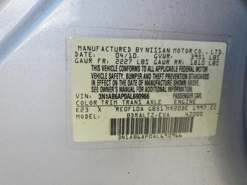 2010 Nissan Sentra მანქანა იყიდება აუქციონზე, vin: 3N1AB6AP0AL690966, აუქციონის ნომერი: 56483176