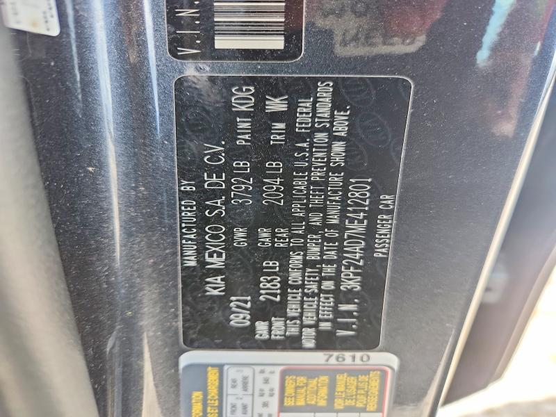 57623796 :رقم المزاد ، 3KPF24AD7ME412801 vin ، 2021 Kia Forte مزاد بيع