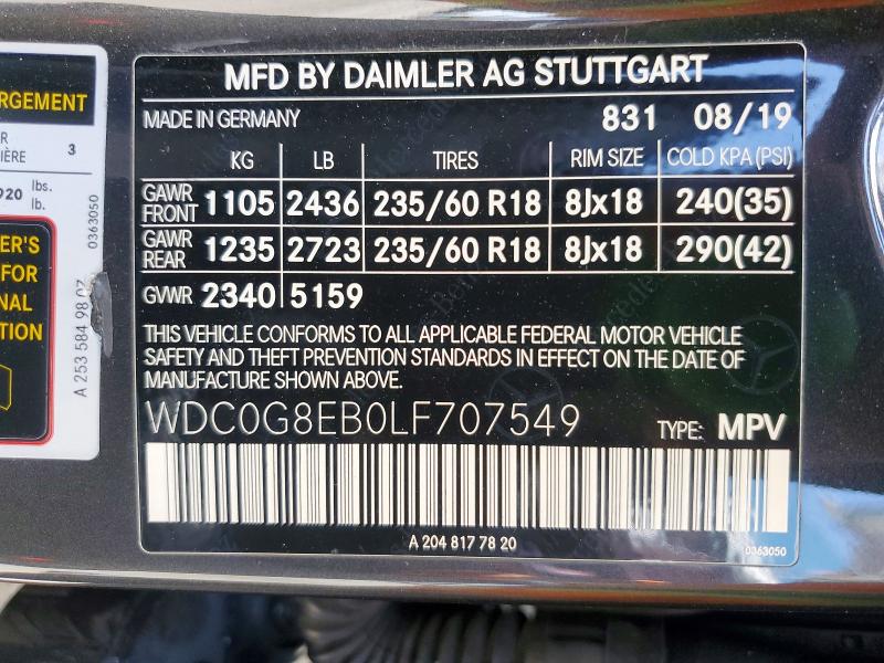 55741476 :رقم المزاد ، WDC0G8EB0LF707549 vin ، 2020 Mercedes-benz Glc مزاد بيع