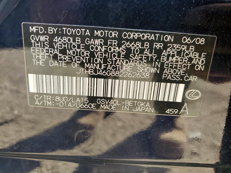Aukcja sprzedaży 2008 Lexus Es, vin: JTHBJ46G882262638, numer aukcji: 55504706