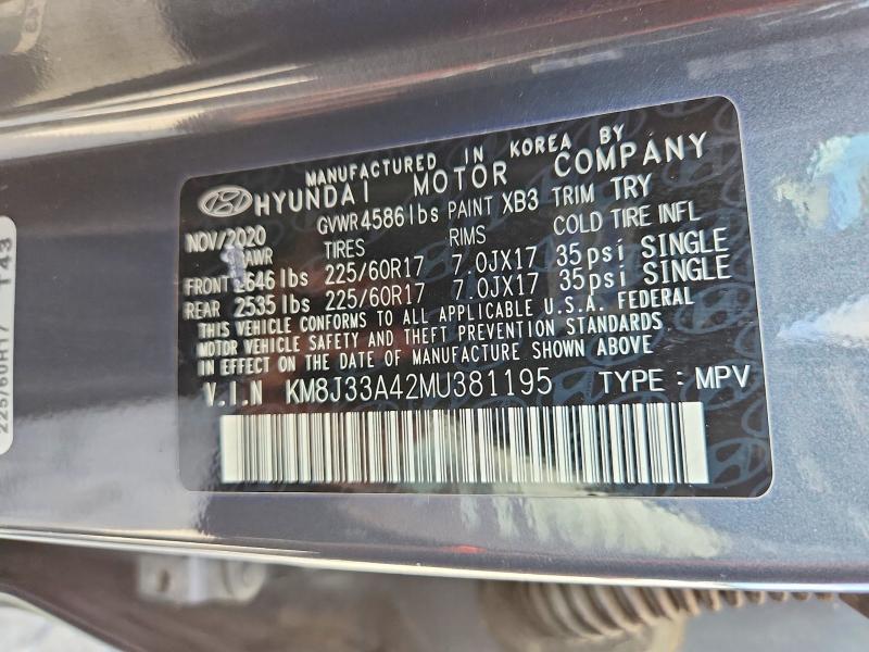 Aukcja sprzedaży 2021 Hyundai Tucson, vin: KM8J33A42MU381195, numer aukcji: 57855306