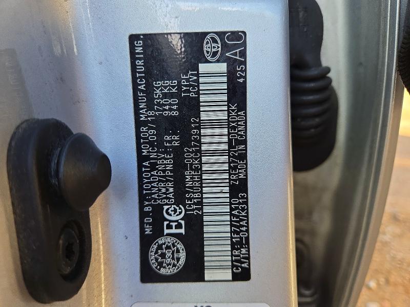 55240846 :رقم المزاد ، 2T1BURHE3KC173912 vin ، 2019 Toyota Corolla مزاد بيع