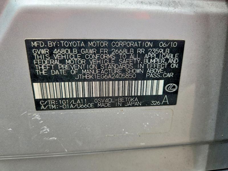 Продаж на аукціоні авто 2010 Lexus Es, vin: JTHBK1EG6A2405850, номер лоту: 59143336