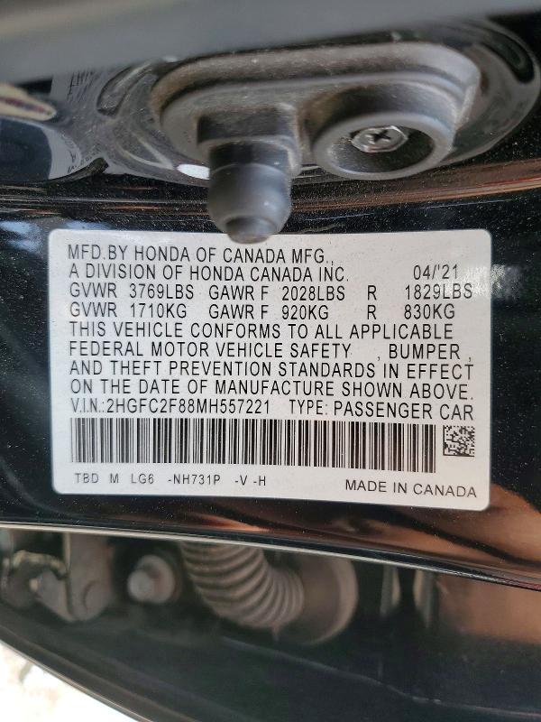 Продаж на аукціоні авто 2021 Honda Civic, vin: 2HGFC2F88MH557221, номер лоту: 55948846