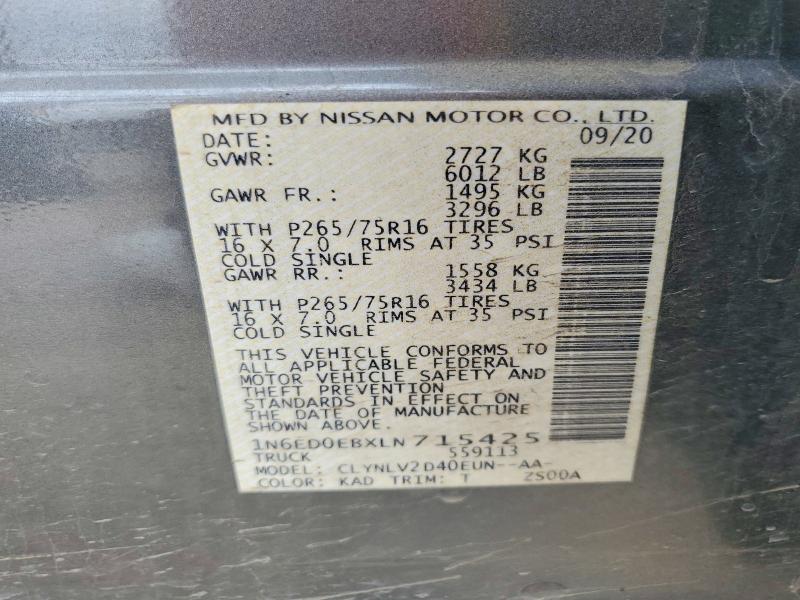 2020 Nissan Frontier მანქანა იყიდება აუქციონზე, vin: 1N6ED0EBXLN715425, აუქციონის ნომერი: 56972396