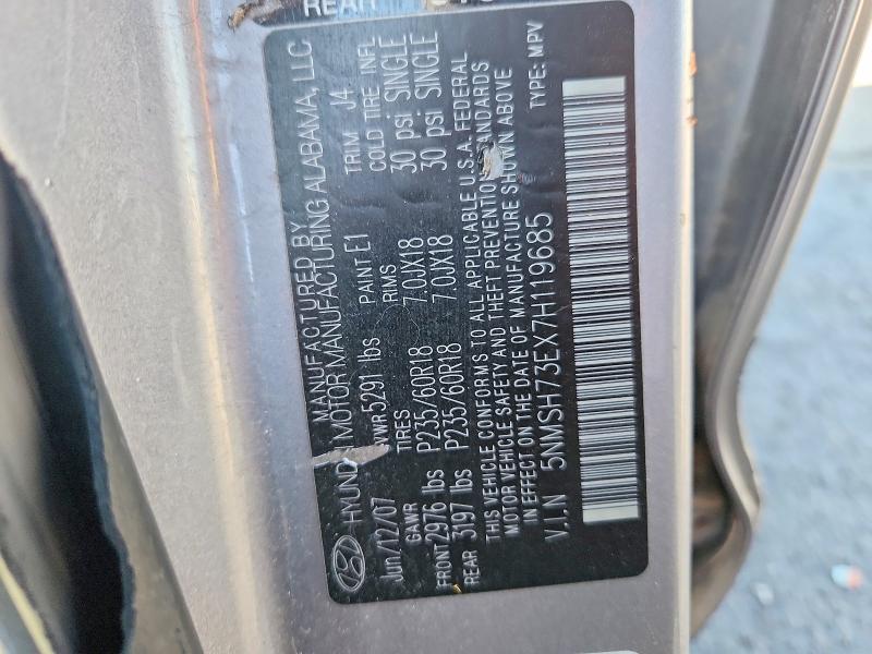 2007 Hyundai Santa Fe მანქანა იყიდება აუქციონზე, vin: 5NMSH73EX7H119685, აუქციონის ნომერი: 55818346