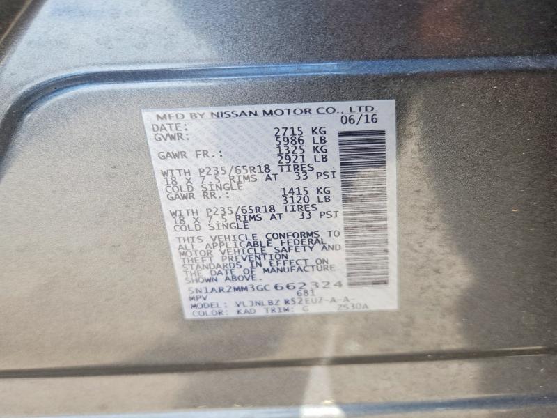 56753596 :رقم المزاد ، 5N1AR2MM3GC662324 vin ، 2016 Nissan Pathfinder مزاد بيع