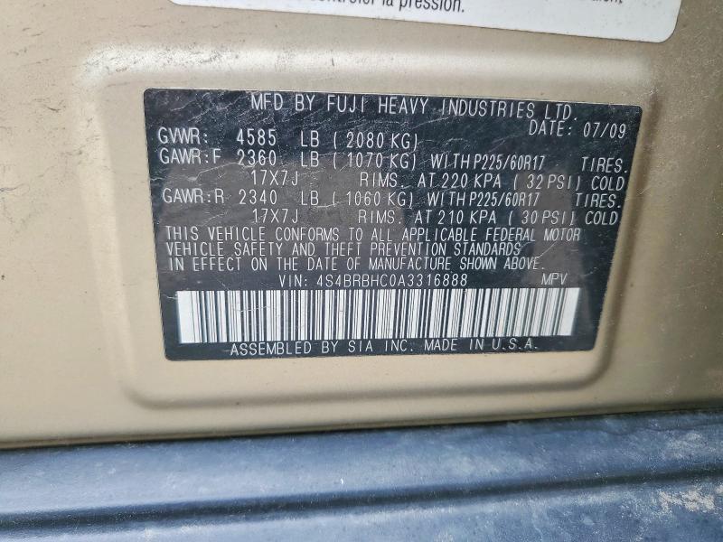 2010 Subaru Outback მანქანა იყიდება აუქციონზე, vin: 4S4BRBHC0A3316888, აუქციონის ნომერი: 55166376