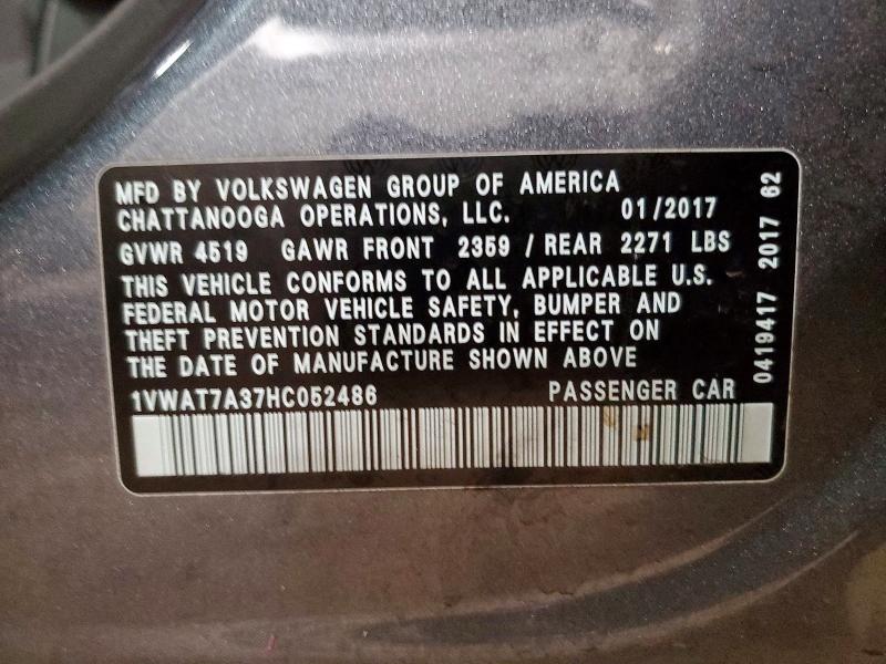 Продаж на аукціоні авто 2017 Volkswagen Passat, vin: 1VWAT7A37HC052486, номер лоту: 59014036