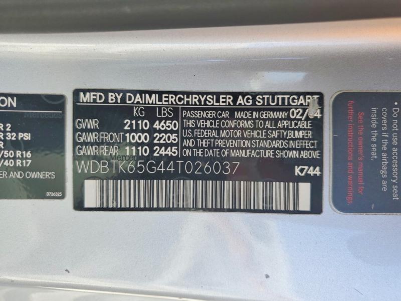 Aukcja sprzedaży 2004 Mercedes-benz Clk, vin: WDBTK65G44T026037, numer aukcji: 59195226