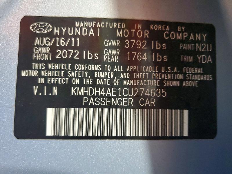 2012 Hyundai Elantra მანქანა იყიდება აუქციონზე, vin: KMHDH4AE1CU274635, აუქციონის ნომერი: 56751006