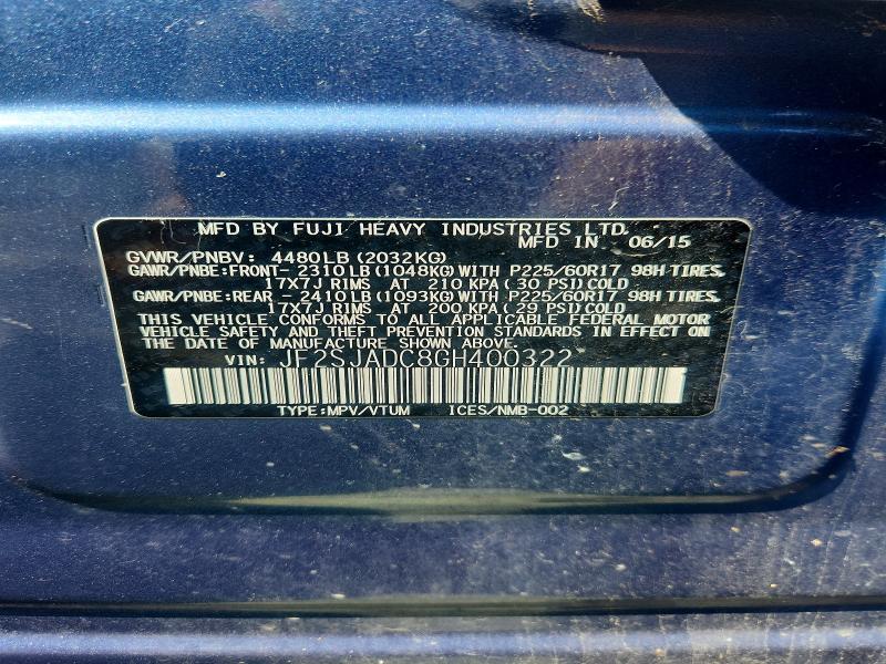 Продаж на аукціоні авто 2016 Subaru Forester, vin: JF2SJADC8GH400322, номер лоту: 59190876
