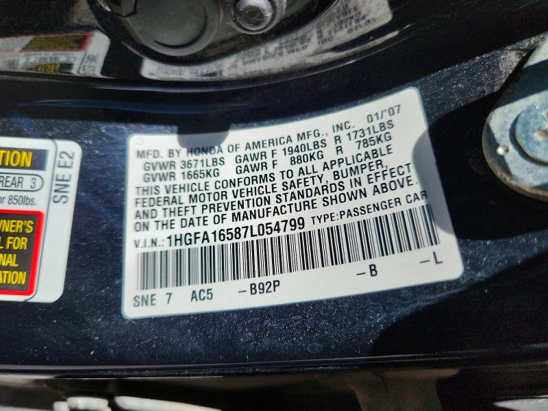 Aukcja sprzedaży 2007 Honda Civic, vin: 1HGFA16587L054799, numer aukcji: 57950036