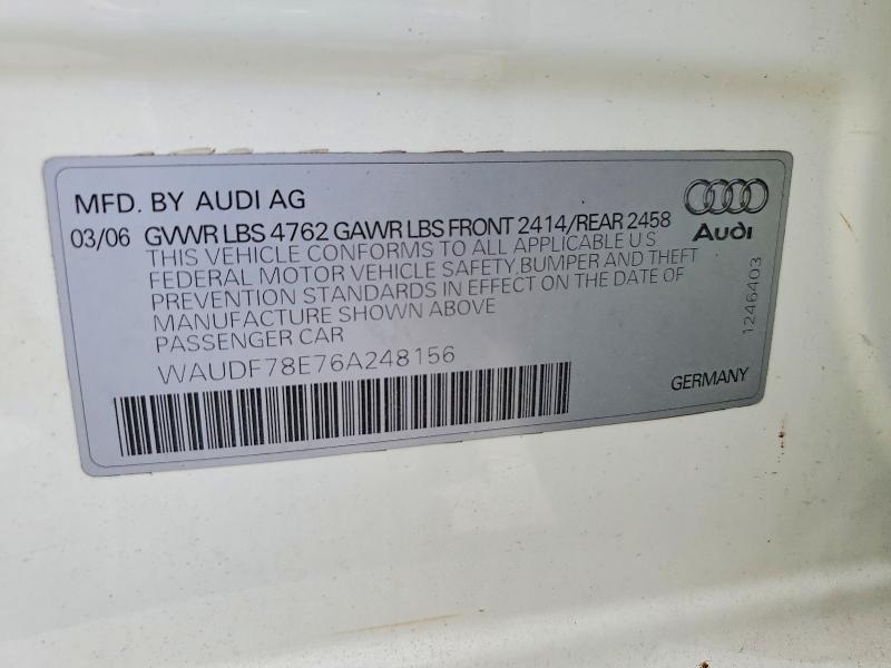 2006 Audi A4 მანქანა იყიდება აუქციონზე, vin: WAUDF78E76A248156, აუქციონის ნომერი: 56681306