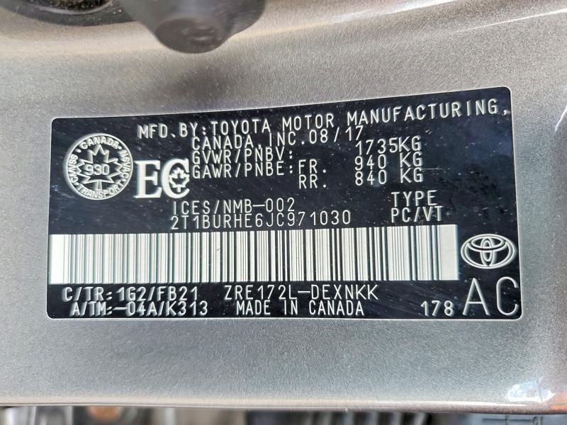 51569336 :رقم المزاد ، 2T1BURHE6JC971030 vin ، 2018 Toyota Corolla مزاد بيع