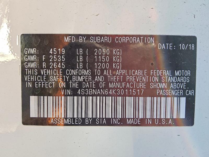 Продаж на аукціоні авто 2019 Subaru Legacy, vin: 4S3BNAN64K3011517, номер лоту: 56144706