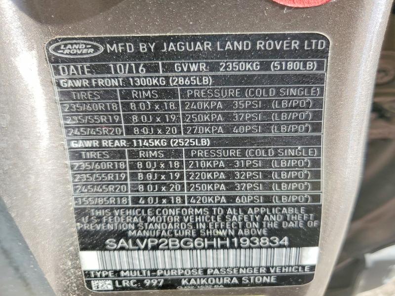 2017 Land Rover Range Rover Evoque მანქანა იყიდება აუქციონზე, vin: SALVP2BG6HH193834, აუქციონის ნომერი: 55194826