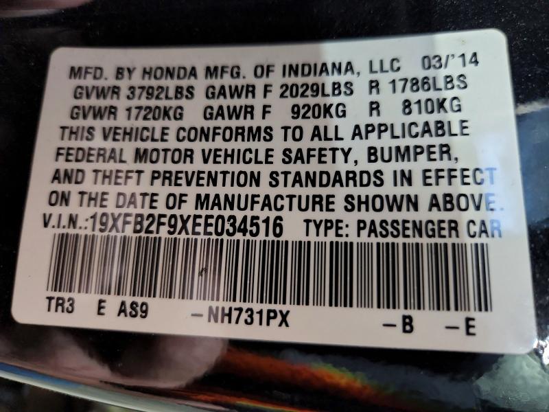 57652586 :رقم المزاد ، 19XFB2F9XEE034516 vin ، 2014 Honda Civic مزاد بيع