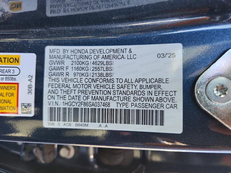 2025 Honda Accord მანქანა იყიდება აუქციონზე, vin: 1HGCY2F86SA037468, აუქციონის ნომერი: 58317836