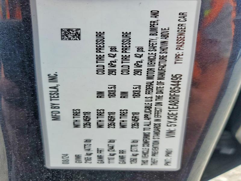 58329376 :رقم المزاد ، 5YJ3E1EA8RF854495 vin ، 2024 Tesla Model 3 مزاد بيع