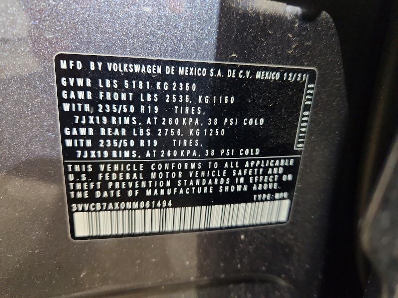 2022 Volkswagen Tiguan მანქანა იყიდება აუქციონზე, vin: 3VVCB7AX0NM061494, აუქციონის ნომერი: 57895616
